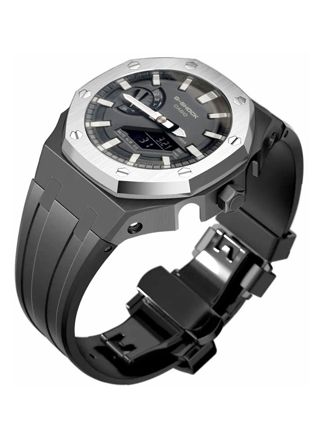 Tiera Casio GA-2100 custom mod kit black silicone watch strap + silver steel bezel