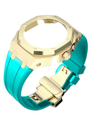 Tiera Casio GA-2100 custom mod kit turquoise silicone watch strap + gold bezel