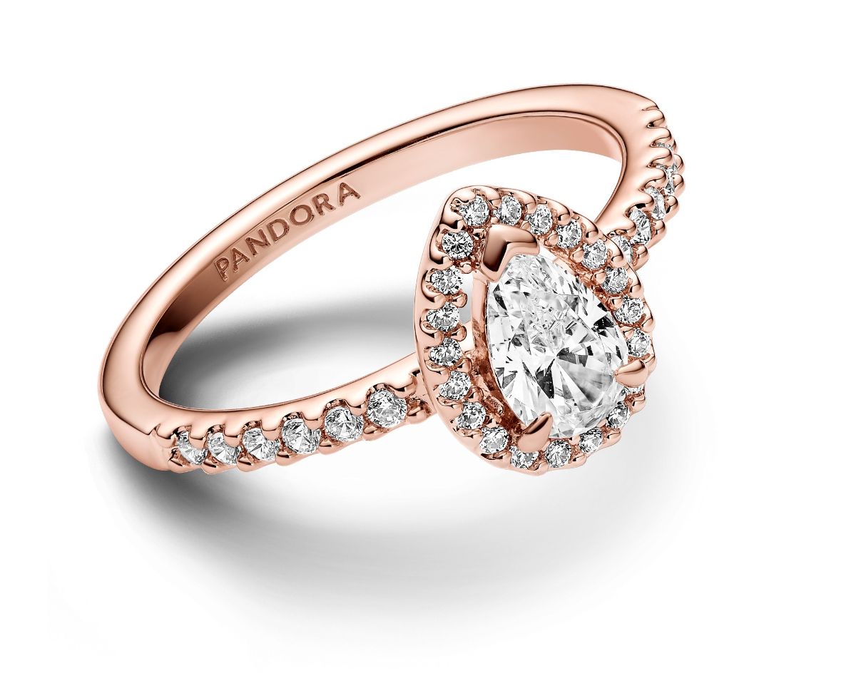 Pandora Timeless Stackable Sparkling Pear Halo 14k Rose gold plated ring 182835C01 watchesonline