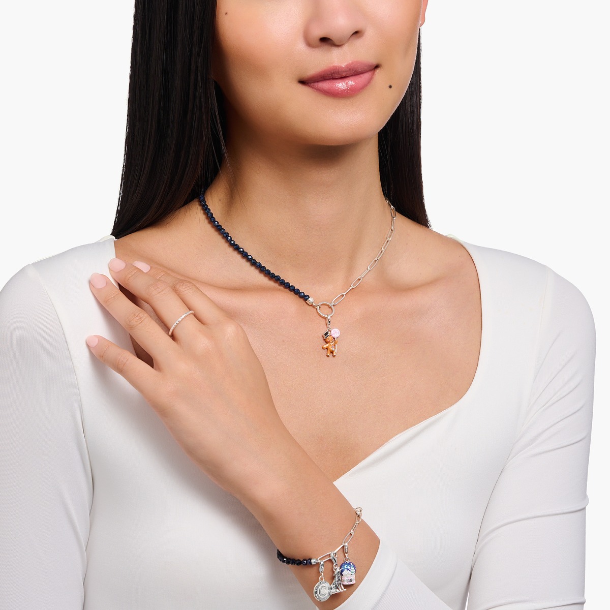 Thomas Sabo Charm Club Charmista Enjoy black bead silver blue enamel coin necklace KE2189 007 32 L45v watchesonline